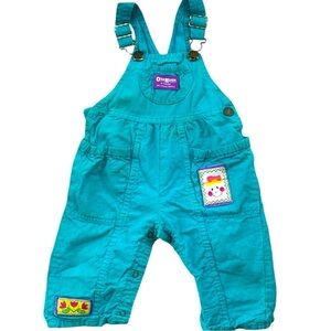 VTG OshKosh B’gosh Blue Baby Overalls Pants Jumper Doll Flower Patch Vestbak 18M